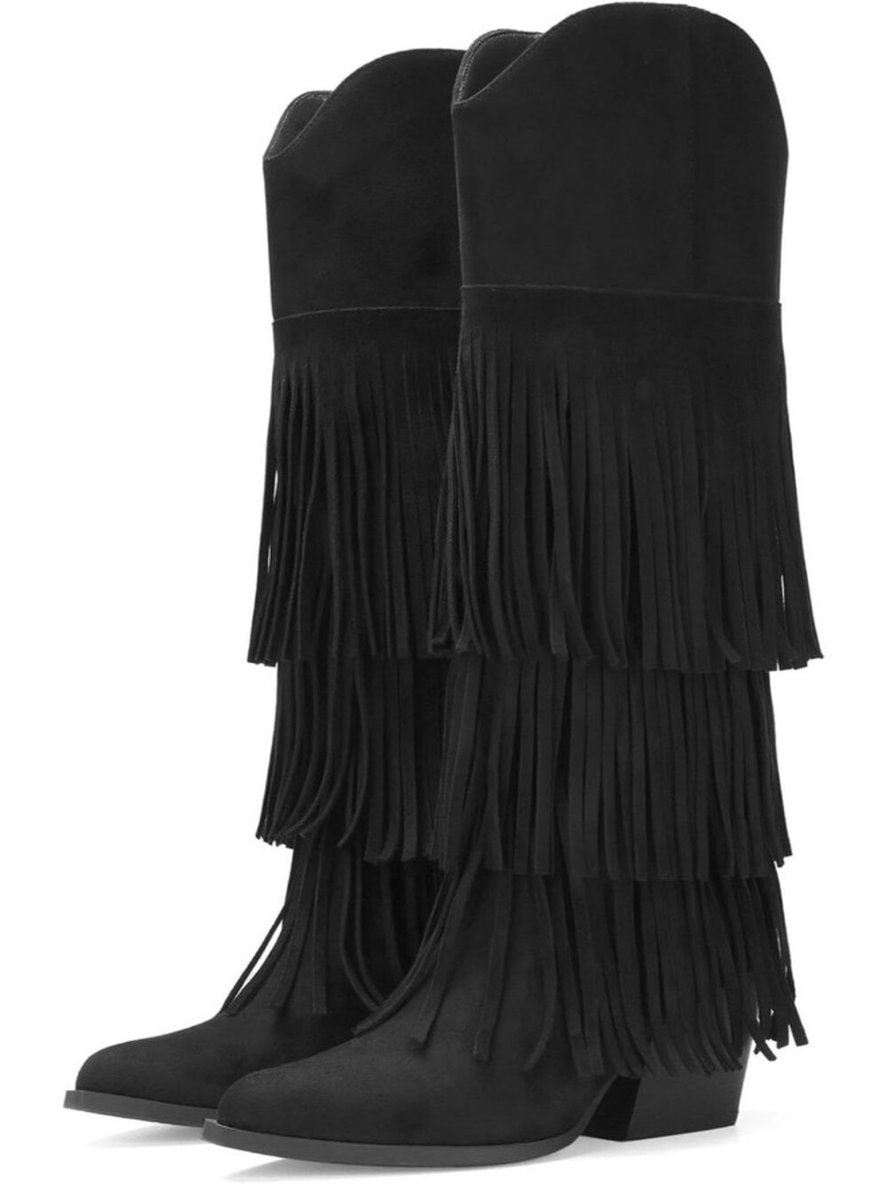 Womens Black Retro Pointed Toe Pull On Block Chunky Heel Embroider Cowgirl Boot